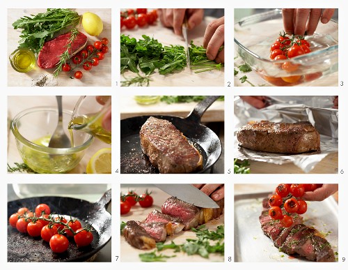 Rump steak with tomatoes and rocket being made