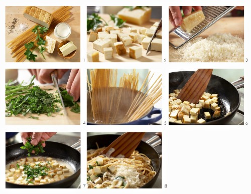 How to make spaghetti with herb soy cream and smoked tofu