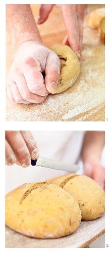 Rosemary and tomato bread being shaped and scored