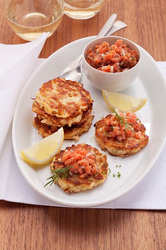 Apple and celery fritters with salmon tartar