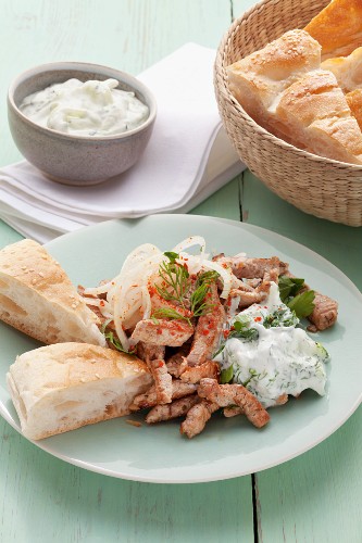 Greek-style kebab meat with garlic and dill quark