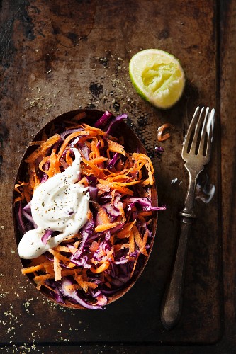 Winter coleslaw with carrots, red cabbage and Greek yogurt (top view)