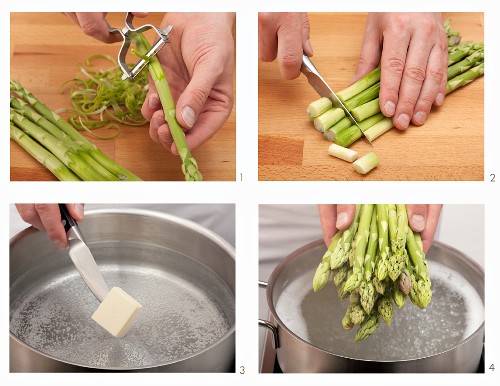 Green asparagus being boiled