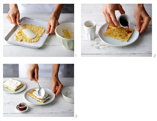 Coconut tiramisu with homemade sponge and Greek yoghurt being made