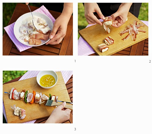 How to make marinated chicken kebabs with grilled cheese wrapped in bacon