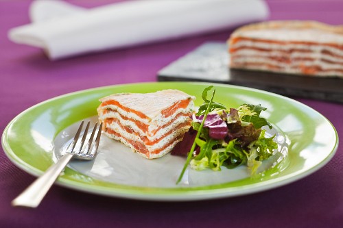 A crepe cake with smoked salmon