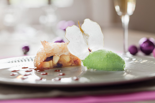 Apple tart with green apple sorbet for Christmas