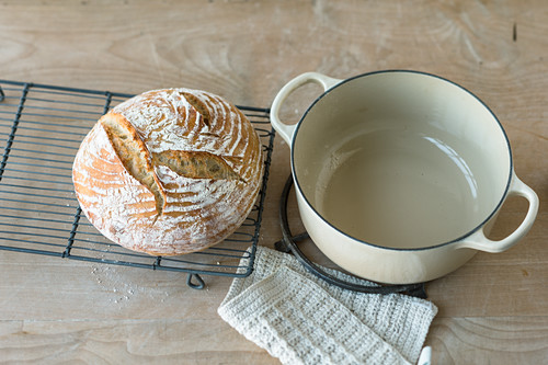 A round loaf of white wheat bread