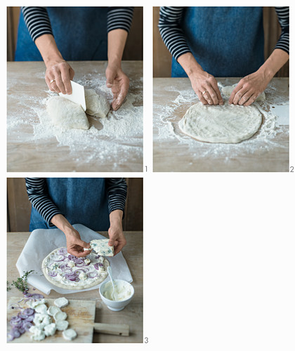A rustic cheese pizza with red onions being made