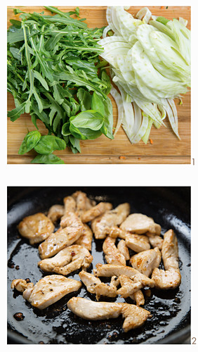 Preparation of fried lemon chicken with fennel and rocket