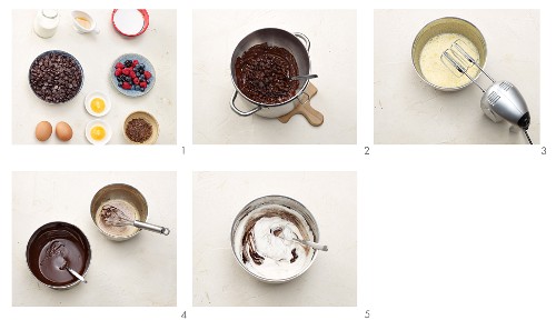 Mousse au chocolat with berries being made