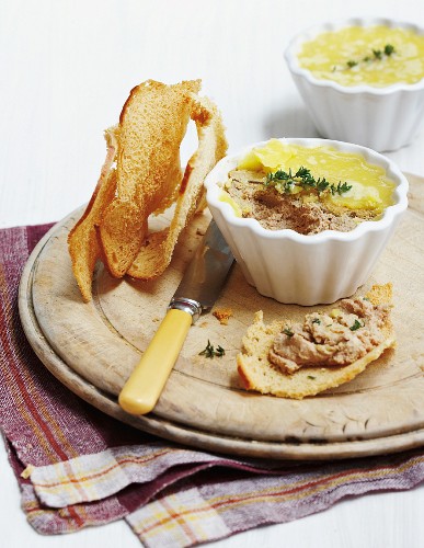 Chicken liver pâté with spring onions and bread crisps