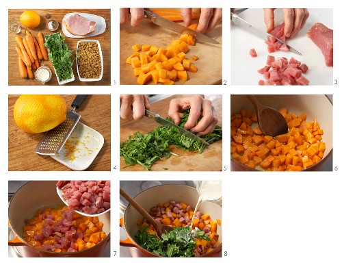 Gammon steak and carrot ragout with oranges being made