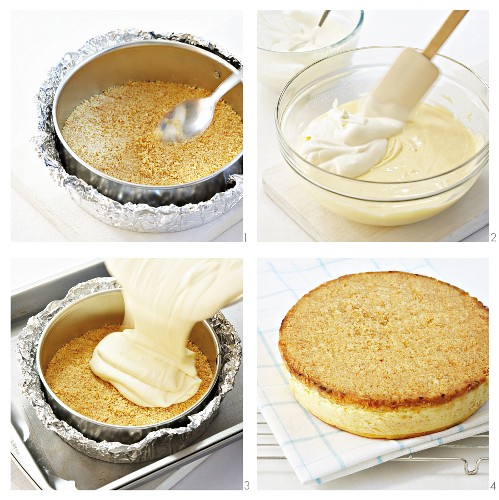 Cheesecake with a crumb base being made