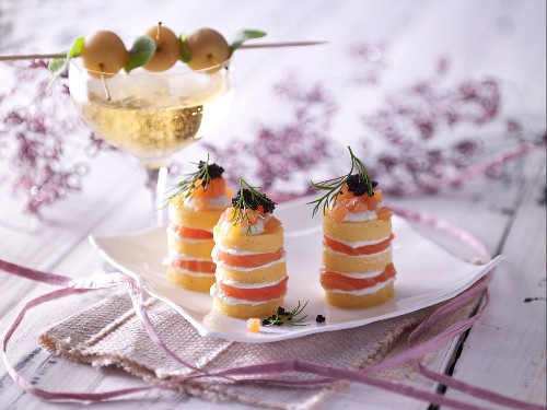 Polenta and salmon towers with caviar