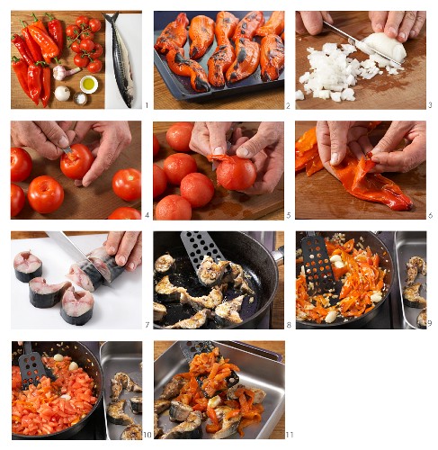 Braised mackerel on a red pepper medley being made