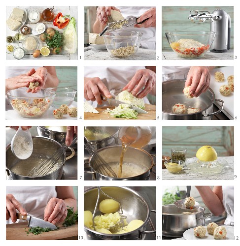 Tofu dumplings with caper sauce being made