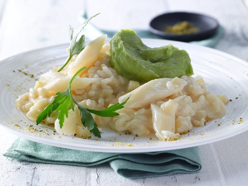 Black salsify risotto with avocado mousse