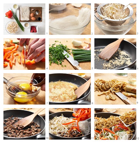 Oriental fried noodles with bean sprouts and egg being made