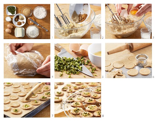 Spekulatius (German Christmas biscuits) with pistachio nuts being made