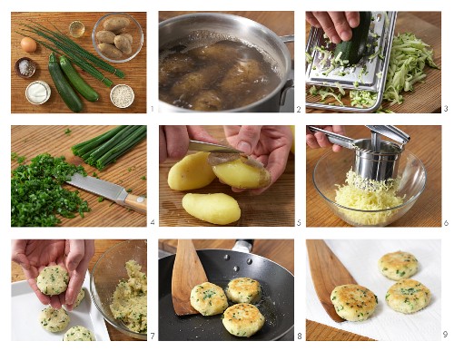 Kartoffel-Zucchini-Plätzchen mit Kräuterquark zubereiten