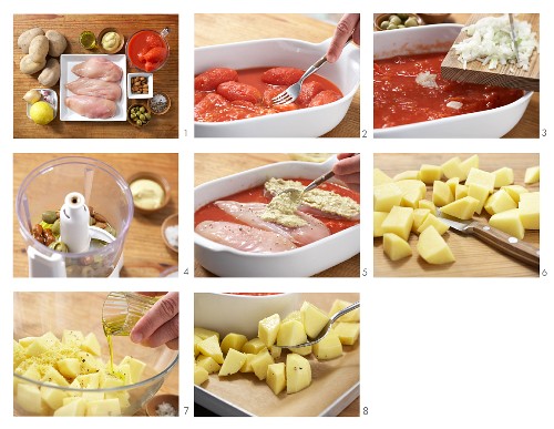 Hähnchenbrust mit Olivenkruste auf Tomatensauce zubereiten