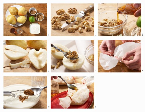 Baked pears in parchment paper being made