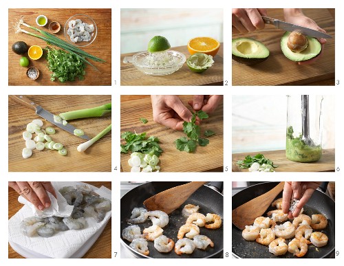 Avocado and prawn sauce with limes and coriander being made