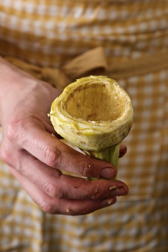A hand holding a hollowed out artichoke