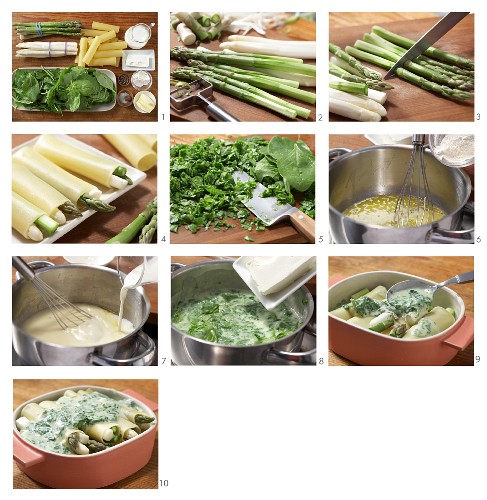 How to prepare asparagus cannelloni covered in cheesy spinach sauce