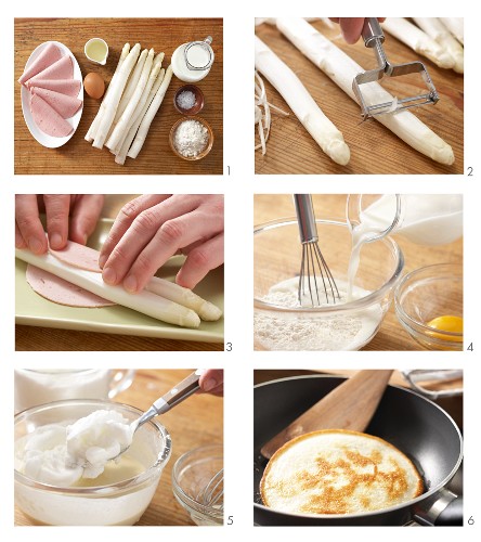 White asparagus wrapped in ham with Kratzete (pastries from Baden-Wuerttemberg) being made
