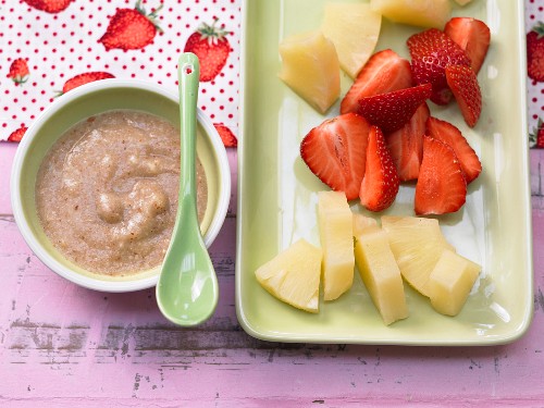 Pineapple and strawberry chunks with nut cream