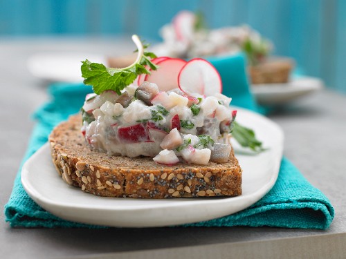 Soused herring tartare with radish on bread