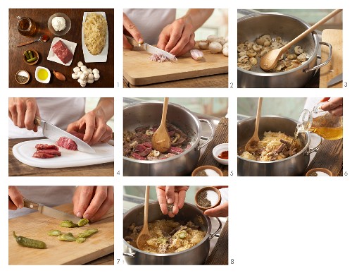 How to prepare sauerkraut stew with beef, mushrooms and gherkins
