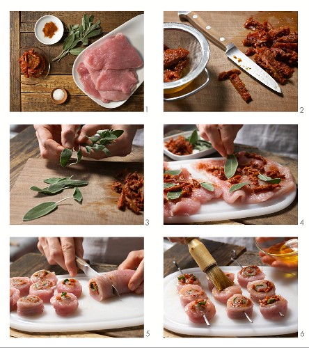 How to prepare turkey roulade kebabs with sage and dried tomatoes