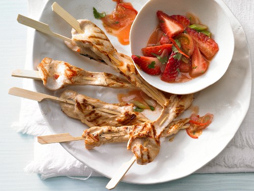 Chicken satay kebabs with strawberry chutney