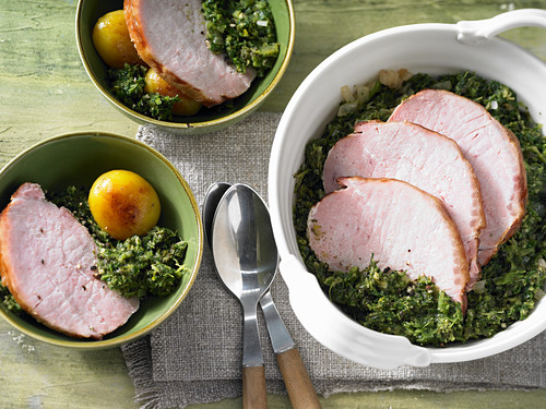 Kale with gammon and pan-fried potatoes