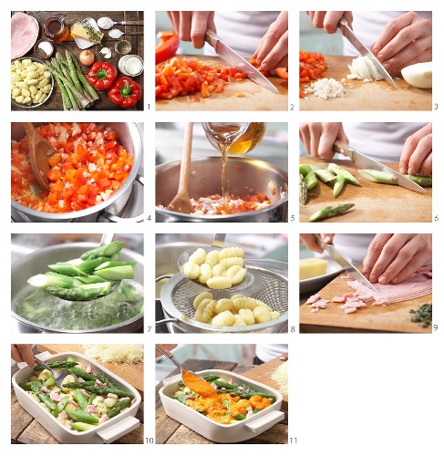How to prepare gnocchi and asparagus bake with ham