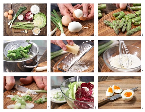 Eier-Spargel-Salat mit Joghurtdressing zubereiten
