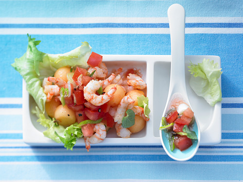 Melon and endive salad with prawns and mint and tomato salsa