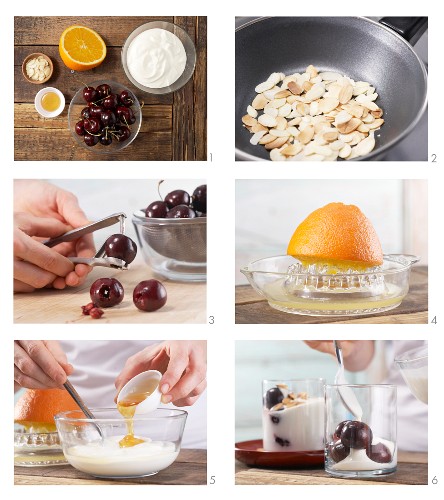 How to prepare orange yoghurt with cherries and almonds