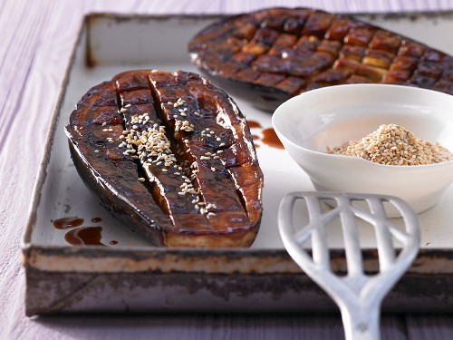 Grilled aubergines with miso sauce and sesame seeds