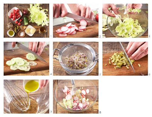 How to prepare radish salad with Harzer Käse (sour milk cheese), cucumber and red onion