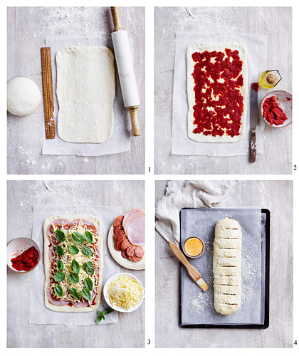 Stromboli mit Schinken, Käse, Peperoni und Basilikum zubereiten