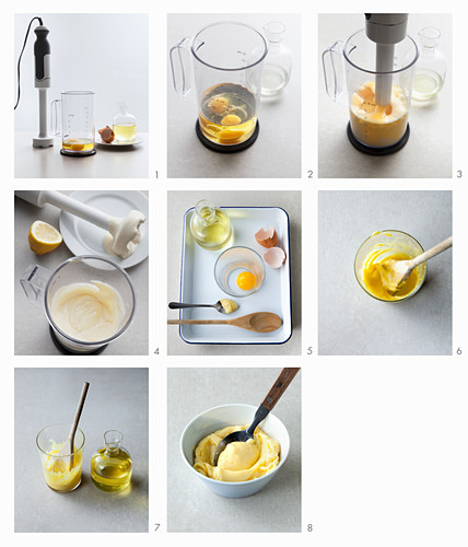 Mayonnaise mit dem Mixer (1-4) oder mit der Hand (5-8) herstellen