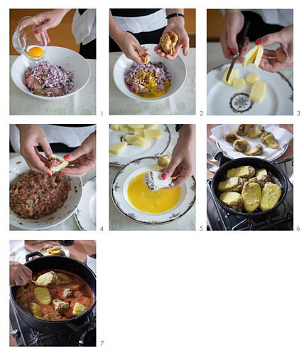 Geschmorte Rindfleisch-Kartoffel-Frikadellen mit Gemüse zubereiten
