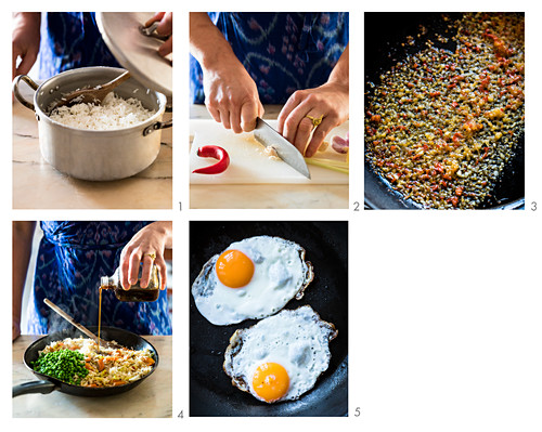 Nasi goreng with a fried egg being made