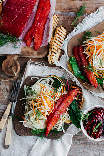 Beetroot and salt cured salmon with root vegetable slaw