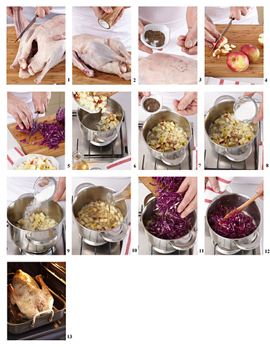 Preparing Bavarian goose with apple red cabbage