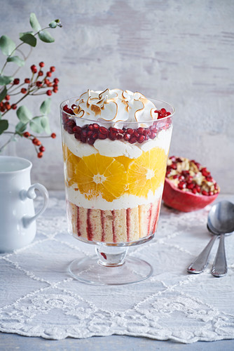 Trifle mit Biskuit, Orangen, Grapefruit und Granatapfel